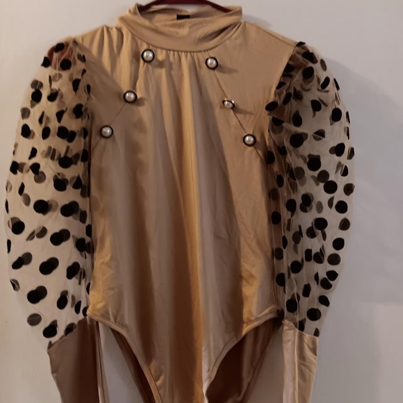 Tops - Womens shein beige sheer black polka dots bodysuit medium